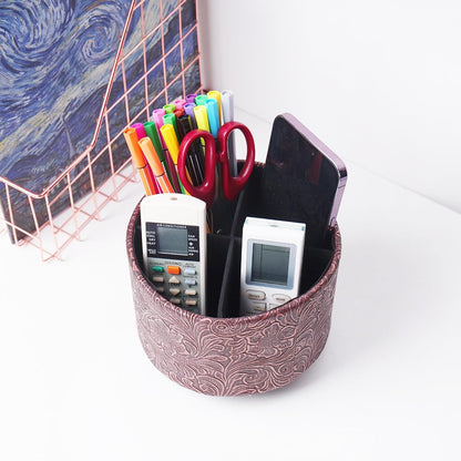 lizimandu Round Leather Art Supply Organizer,Remote Control Holder,360 Degree Spinning,Multi-Functional Pencil Holder,4 Compartments Desktop Stationary Organizer(1-Gold) - Colors B