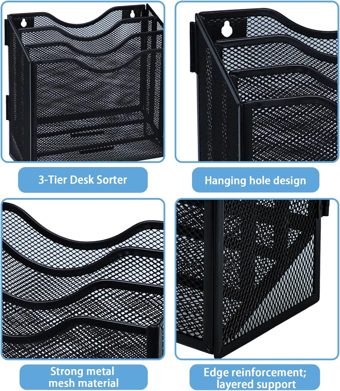 Metal Desktop File Organizer with 3 Vertical Compartments Wall Mounted Mail Paper Document Folder Holder Magazine Storage Rack for Home Office Classroom,Black