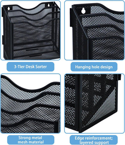 Metal Desktop File Organizer with 3 Vertical Compartments Wall Mounted Mail Paper Document Folder Holder Magazine Storage Rack for Home Office Classroom,Black