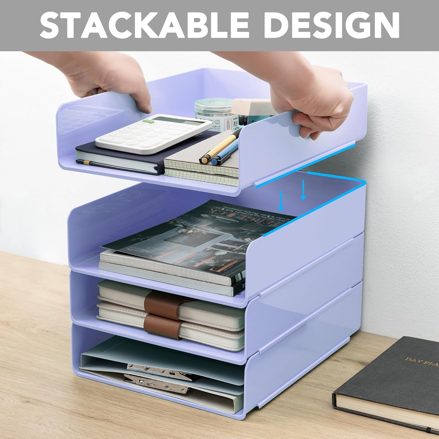 Tiawudi Desk Organizer, Clear Office Organization and Storage, Plastic Letter Tray, Stackable File Organizer for Classroom, Home, Documents, Notes, Folders, Books and Pens, 4 Tier