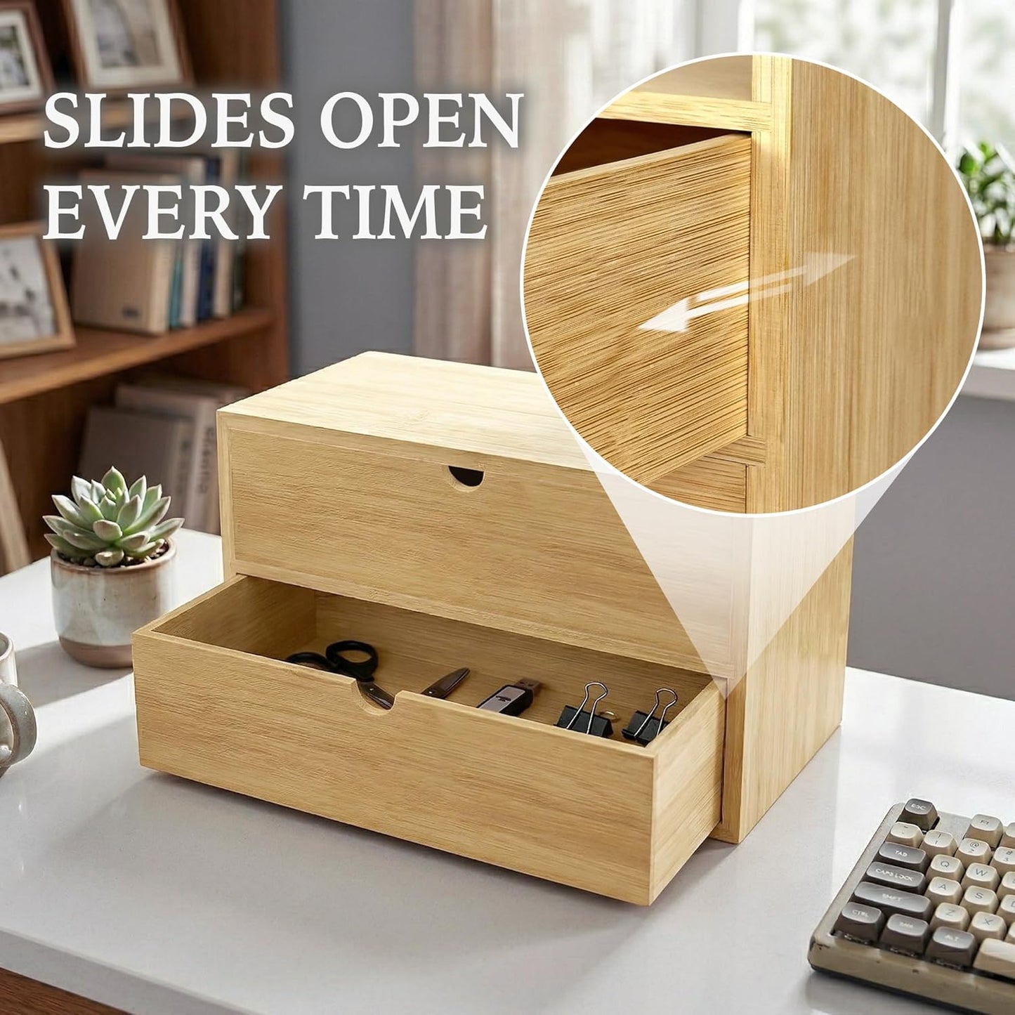 Bamboo Desk Organizer with 3 Drawers and Shelf, Desktop Drawers 13.4 x 7.3 x 8.1 Inches Countertop Storage Box for Office Supplies Makeup Kitchen, Wooden Tabletop Drawer No Assembly Required