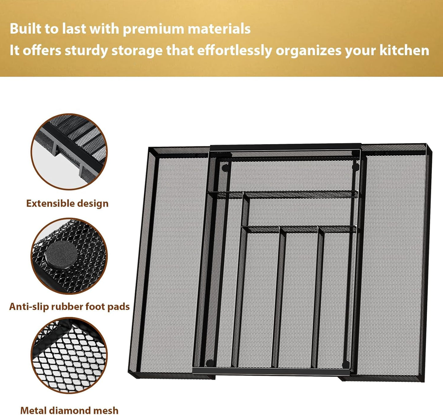 Sedegn Silverware Organizer Metal Mesh, Small Drawer Organizer, Utensil Cutlery Tray for kitchen drawers, Flatware Organizer with 5 Compartment, Black(9.3"*12.6")