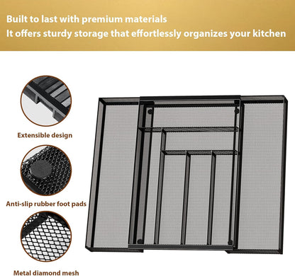 Sedegn Silverware Organizer Metal Mesh, Small Drawer Organizer, Utensil Cutlery Tray for kitchen drawers, Flatware Organizer with 5 Compartment, Black(9.3"*12.6")