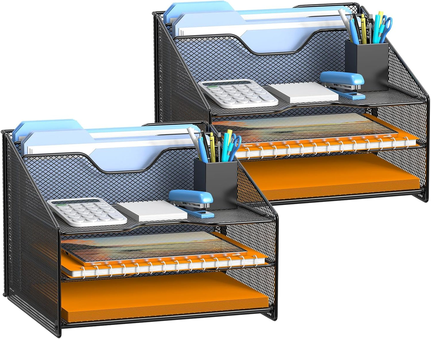 Samstar Desk File Organizer, Mesh Letter File Folder Holder with 3 Paper Trays and 2 Vertical Upright Section, for Office Supplies,Desk Accessories & Workspace,Black.