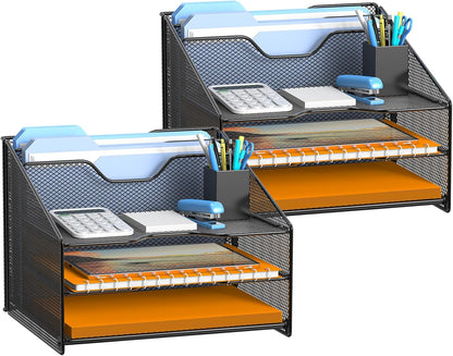 Samstar Desk File Organizer, Mesh Letter File Folder Holder with 3 Paper Trays and 2 Vertical Upright Section, for Office Supplies,Desk Accessories & Workspace,Black.