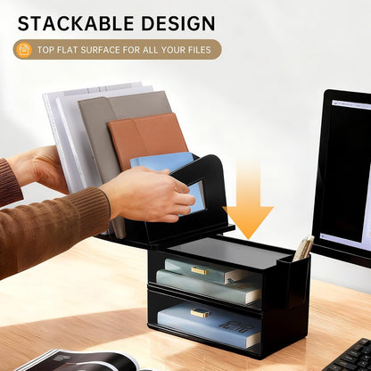 CiWiVOKi Desk Organizer with 2 Vertical File Holder, 4 Tier Stackable Paper Letter Tray File Organizer with 5-Compartments Pen Holder, Clear Desktop Organizer Office Organization and Storage