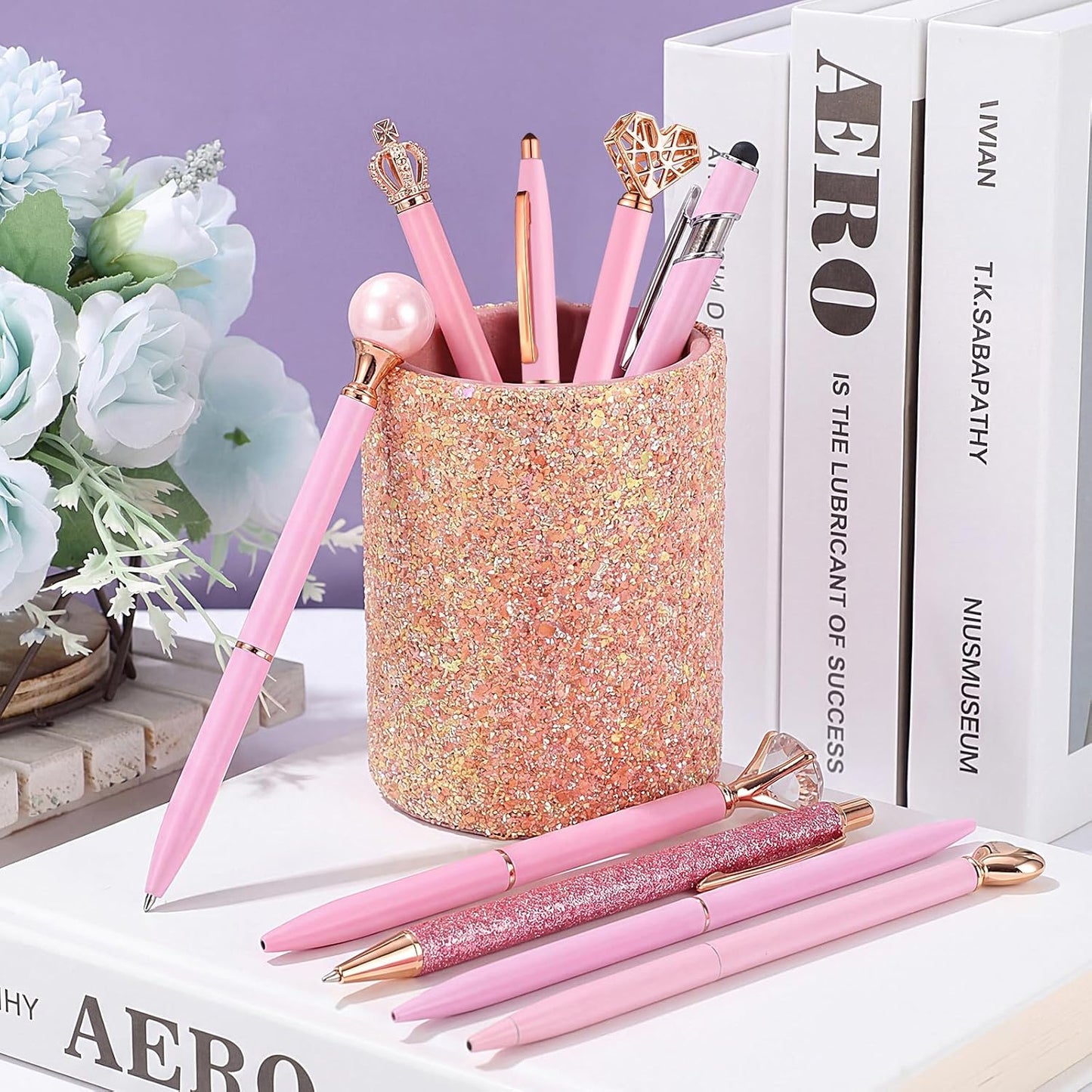BESARTE 9 Pcs Pink Pens With Pen Holder for Desk, Fancy Pens Pink Mom Gifts Desk Accessories for Weddings Parties Mothers Day Gifts for Mom Wife