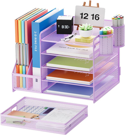Marbrasse Desk Organizer with File Holder, 5-Tier Paper Letter Tray Organizer with Drawer and 2 Pen Holder, Mesh Desktop Organizer and Storage with Magazine Holder for Office Supplies(Black)