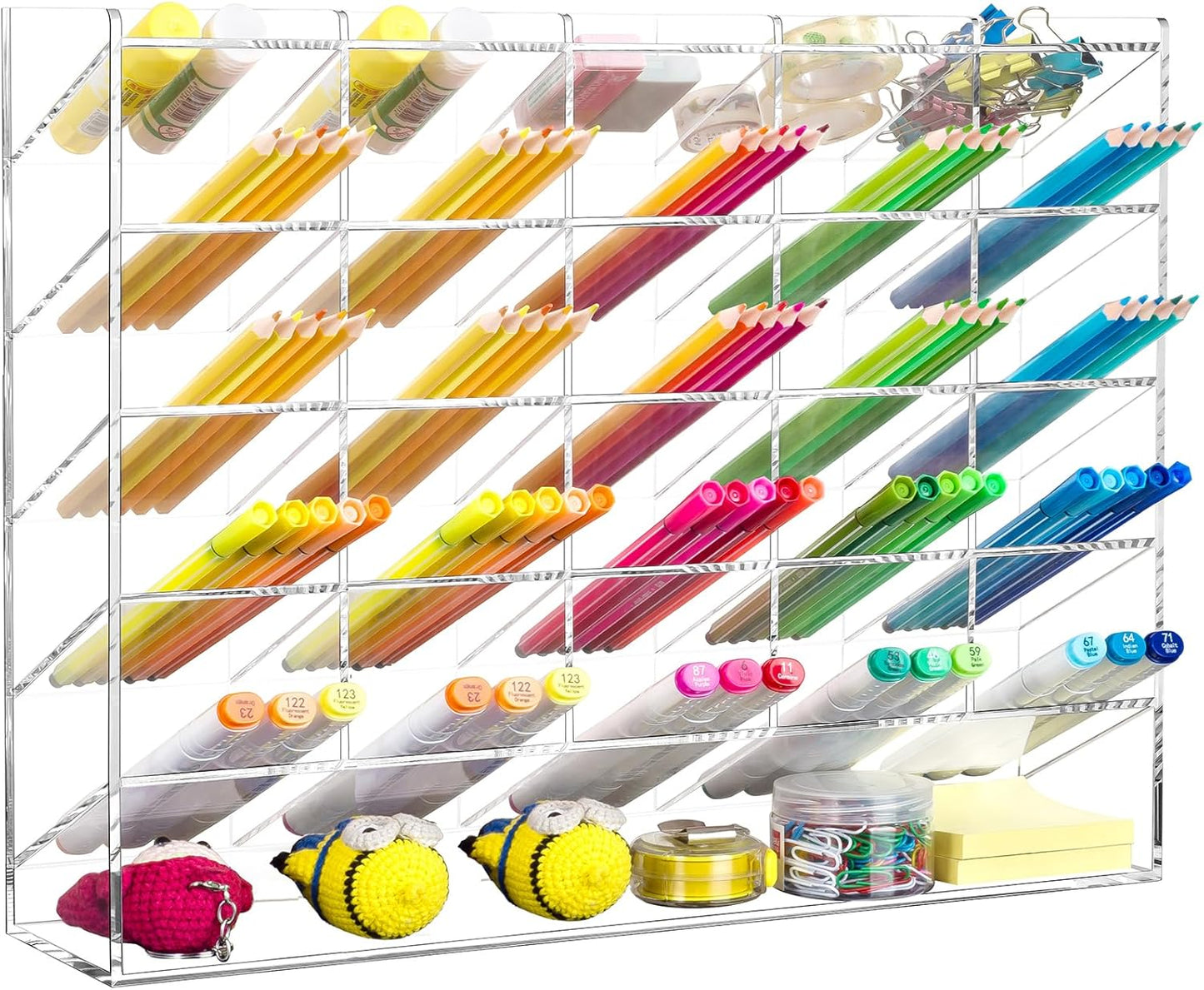 BEYGORM Acrylic Vertical Marker Organizer for 150 Markers with 13 Compartments, Clear Angled Pen & Pencil Holder, Large Desk Stationery & Art Supply Storage for Office & School (10.2 x 9.8 x 4 Inch)