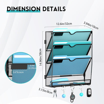5 Tier Wall File Organizer - Hanging File Organizer with 5 Hooks, Mail Holder Wall Mounted for Papers, Folders, Magazines, Bills, Office&School Organization, Black