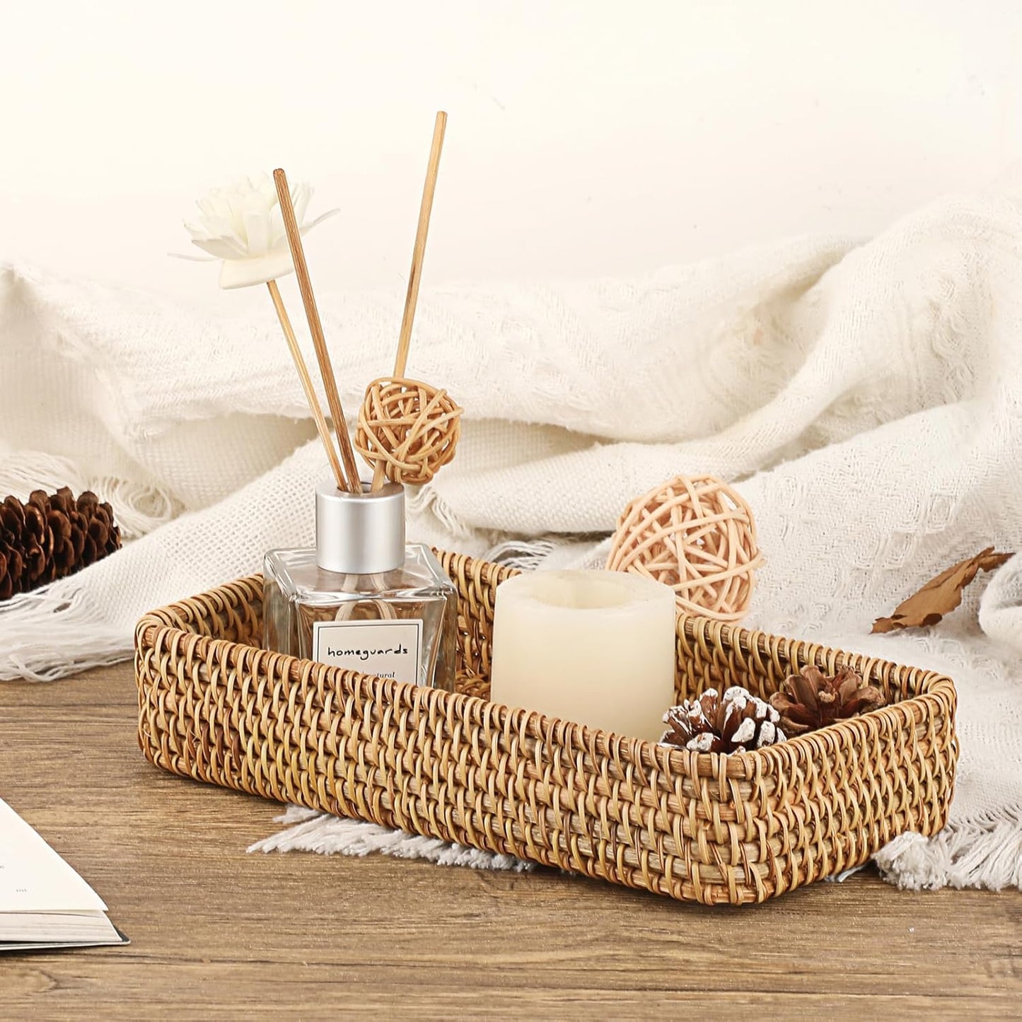Hipiwe Key Basket Tray for Entryway Table Rattan Serving Tray Handwoven Wicker Baskets Vanity Trays Square Decorative Fruit Trays for Kitchen Counter Bedside Living Room Bathroom, 8.1"