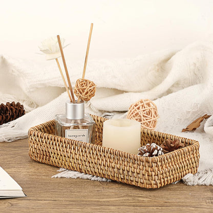 Hipiwe Key Basket Tray for Entryway Table Rattan Serving Tray Handwoven Wicker Baskets Vanity Trays Square Decorative Fruit Trays for Kitchen Counter Bedside Living Room Bathroom, 8.1"