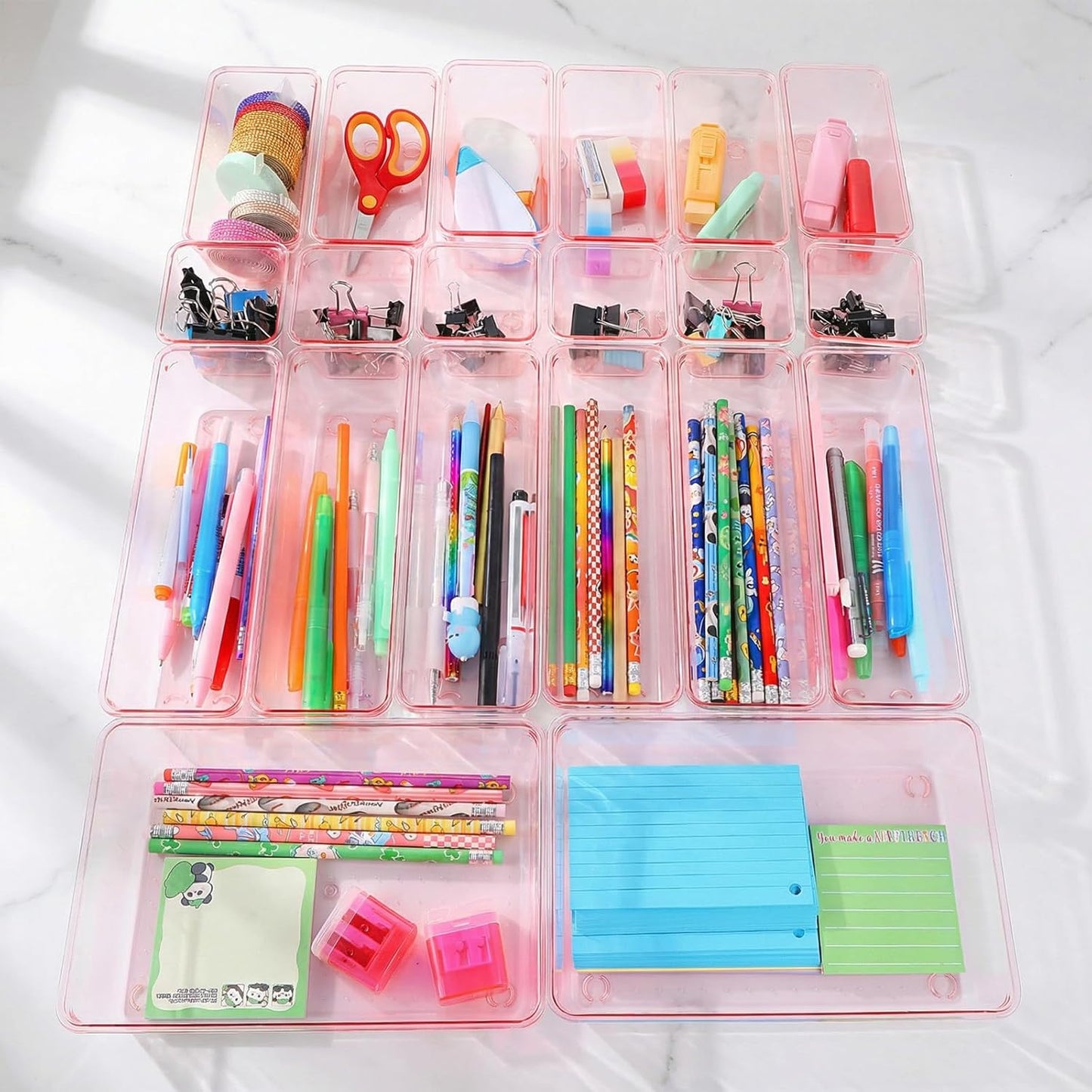 25 Pack Desk Drawer Organizer Set, Small Acrylic Vanity Trays & Storage Bins, Clear Plastic Drawer Organizer Trays for Makeup, Office, Bathroom, Kitchen (Pink)