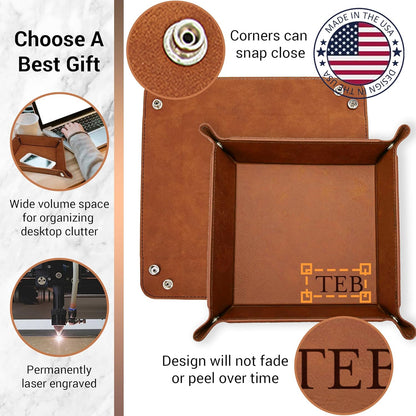 Personalized Valet Trays, Custom Engraved Leather Keys Tray for Men - Catchall Tray Organizer for Entryway Table, Unique Dad Birthday Gift from Daughter Son, Father Day (Custom Text)