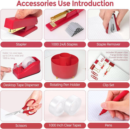 SKYDUE Pink Desk Accessories 10Pcs, Rotating Pen Holder for Desk, Stapler, Staple Remover, Tape Dispenser,2pcs Tape Refills, Binder Paper Clips Kit, Scissor,Pink Office School Supplies