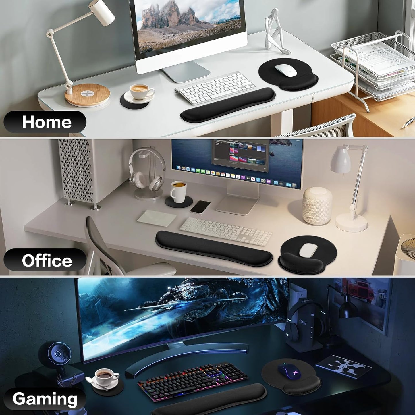 Mouse Pad with Wrist Rest Set, Qomolama 3-in-1 Wrist Support Mouse Pad Set, Floral Gaming Mousepad with Anti-Skid Base,Ergonomic Mouse Pad,Memory Foam Keyboard Gel Wrists Rest