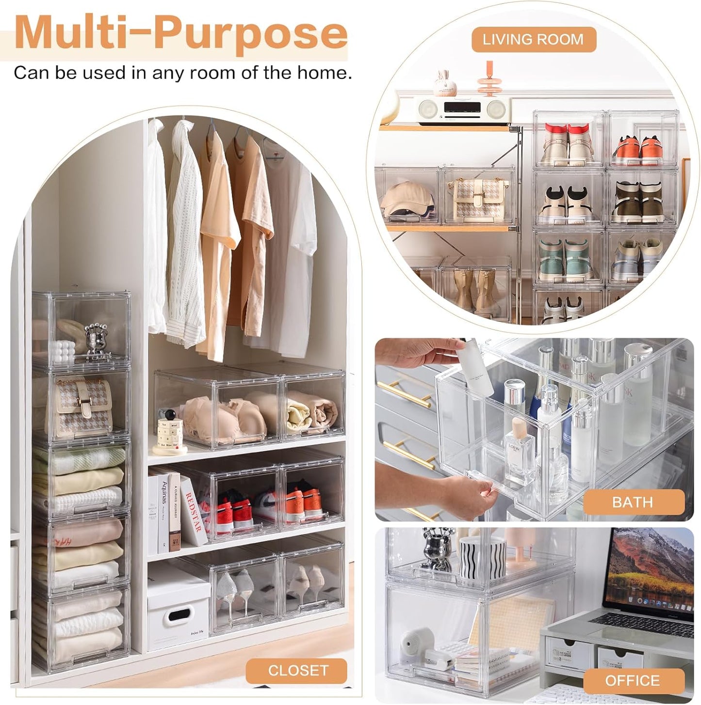 DILIBRA 2 Packs Large Stackable Storage Drawers, Plastic Clear Bathroom Make up Under Sink Drawer Organizers, Acrylic Bathroom Storage Bins for Cabinet Closet Office Kitchen Pantry Snacks Organization