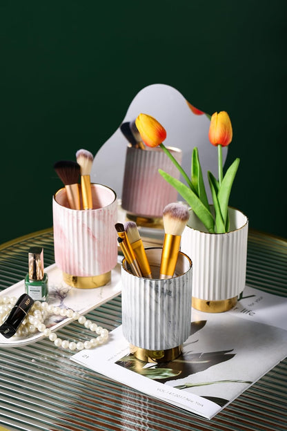 IEEK Makeup Brush Holder Organizer Pen Pencil Cup Glass Make Up Brushes and Toothbrush Organizer for Bathroom Vanity Desktop European Style Striped Brushes Container,Grey and Gold