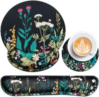 Mouse Pad with Wrist Rest Set, Qomolama 3-in-1 Wrist Support Mouse Pad Set, Floral Gaming Mousepad with Anti-Skid Base,Ergonomic Mouse Pad,Memory Foam Keyboard Gel Wrists Rest