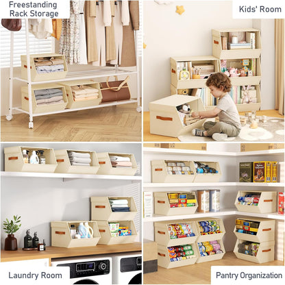 Stackable Closet Organizers and Storage Bins, Open Front Closet Shelf Organizer System With Steel Frame, Clothes Storage Basket Fabric, Collapsible Closet Drawers for Wardrobe, Nursery ,Toy, 4 Pack