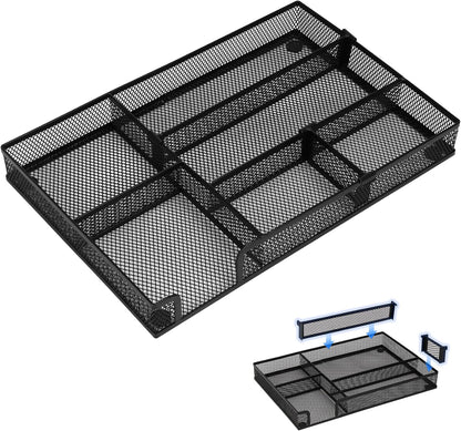 Desk Drawer Organizer, 2 Pack Junk Drawer Organizer Tray with 2 Adjustable Compartments, Desktop Metal Mesh Office Desk Organizer, Multifunction Pen Organizer Set for Office School Makeup Supplies (2)