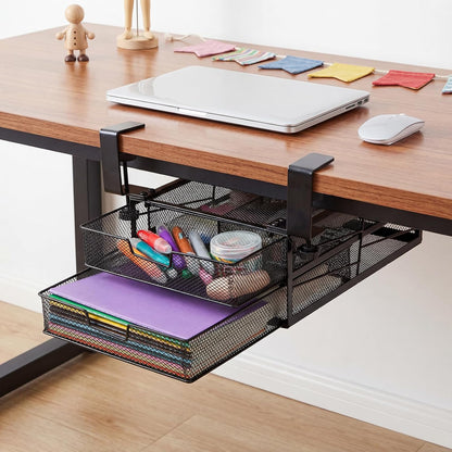 Cedilis Under Desk Drawer Organizer Slide Out, 2-Tier Metal Under Table Storage Drawers Clamp On for Home Office, Black, No Drilling