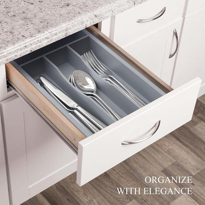 Small Silverware Organizer, Bamboo Kitchen Drawer Organizer, Utensil Holder, Cutlery Tray & Spoon Flatware Storage with Grooved Drawer Dividers (6.7''W x 12''D)