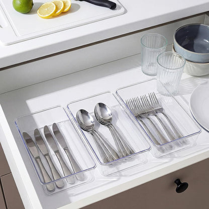 Maitys 12 Pcs Clear Drawer Organizer 9 x 3 x 2 Inches Plastic Rectangle Trays Makeup Vanity Storage Bins and Kitchen Drawers Dividers for Office Desk Silverware Kitchen Utensils(Clear)