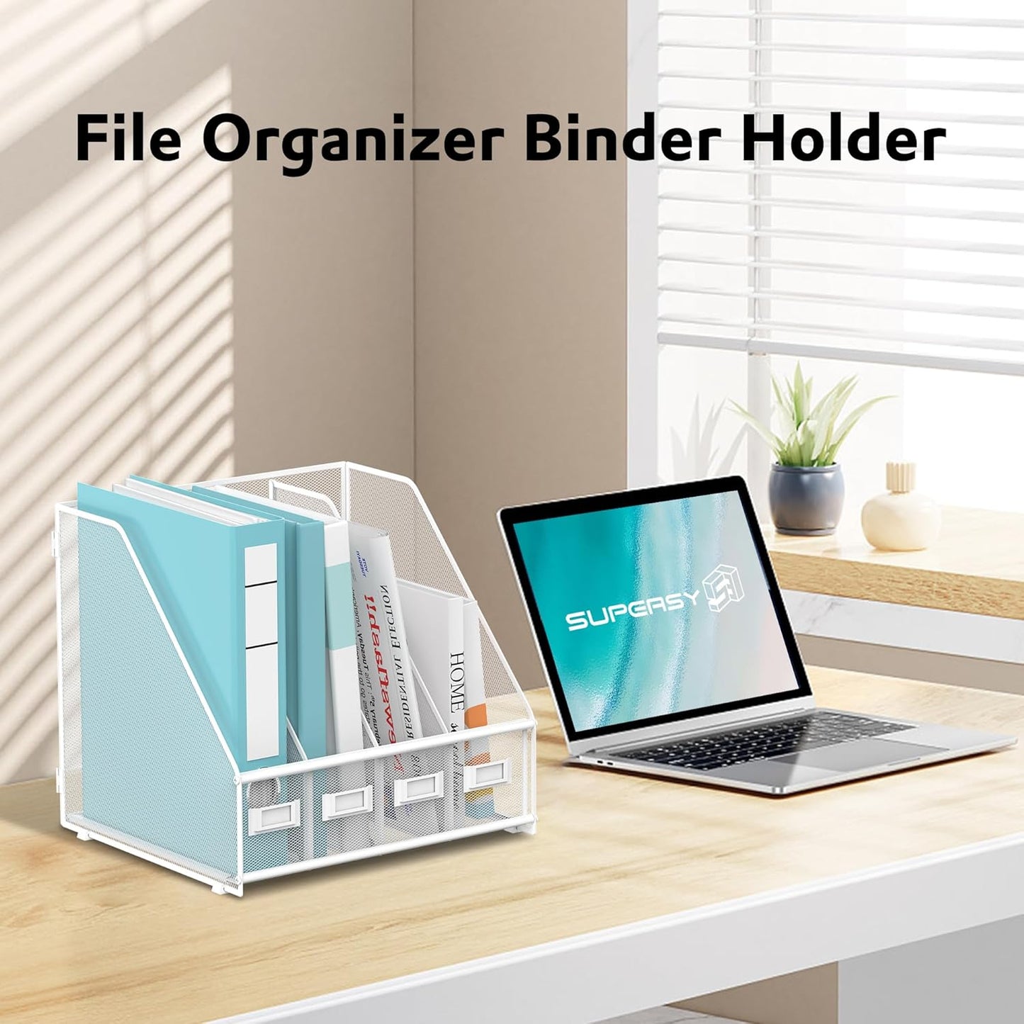 SUPEASY Magazine File Holder, Binder Holder Metal Desk Organizer with 4 Rack Compartments, File Organizer for Office Home School, Black
