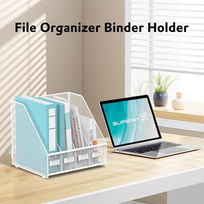 SUPEASY Magazine File Holder, Binder Holder Metal Desk Organizer with 4 Rack Compartments, File Organizer for Office Home School, Black
