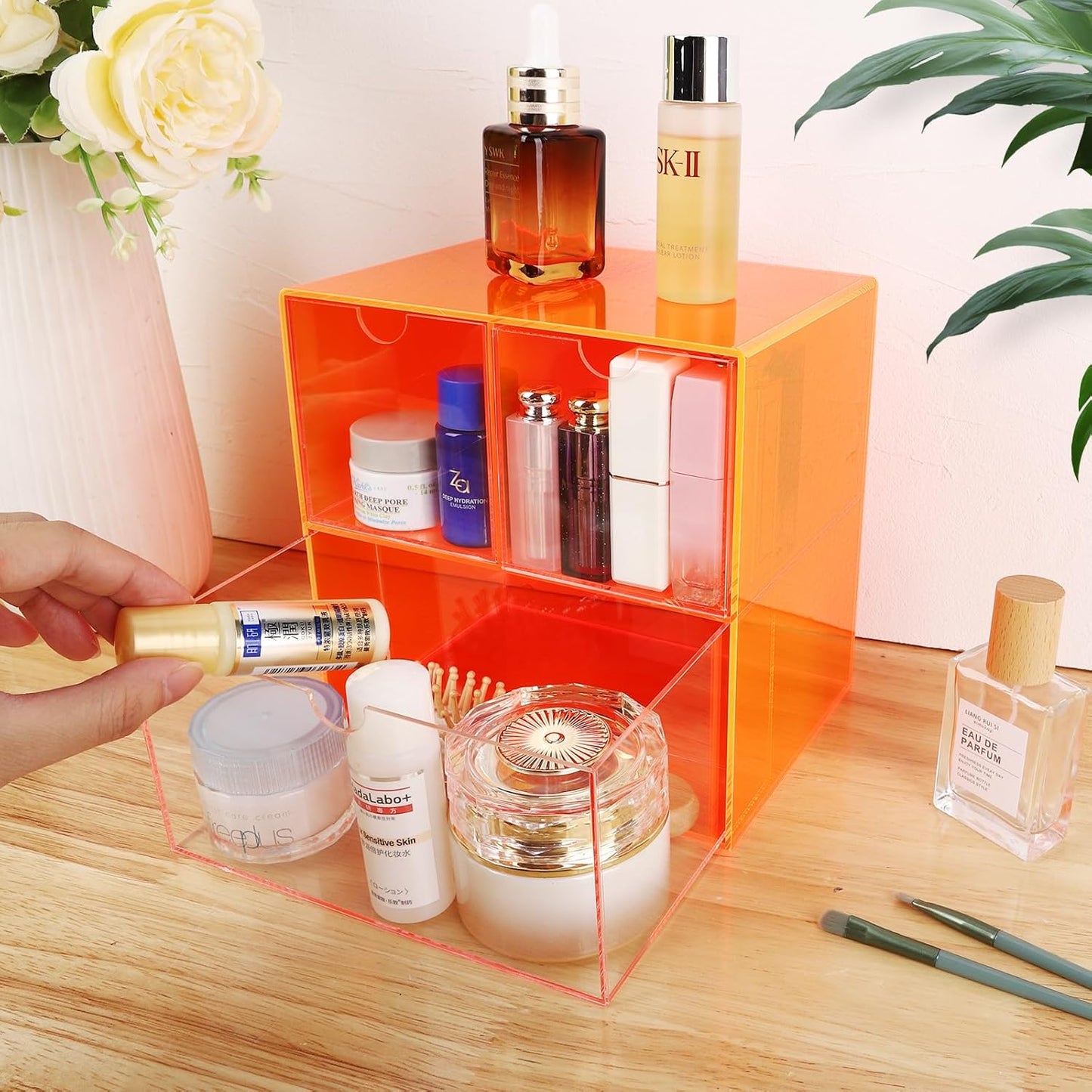 Gelite Desk Organizer with 3 Storage Drawers for Makeup Office Acrylic Desktop Drawer Organizer for Vanity Office Organization and Storage Box, Neon Pink