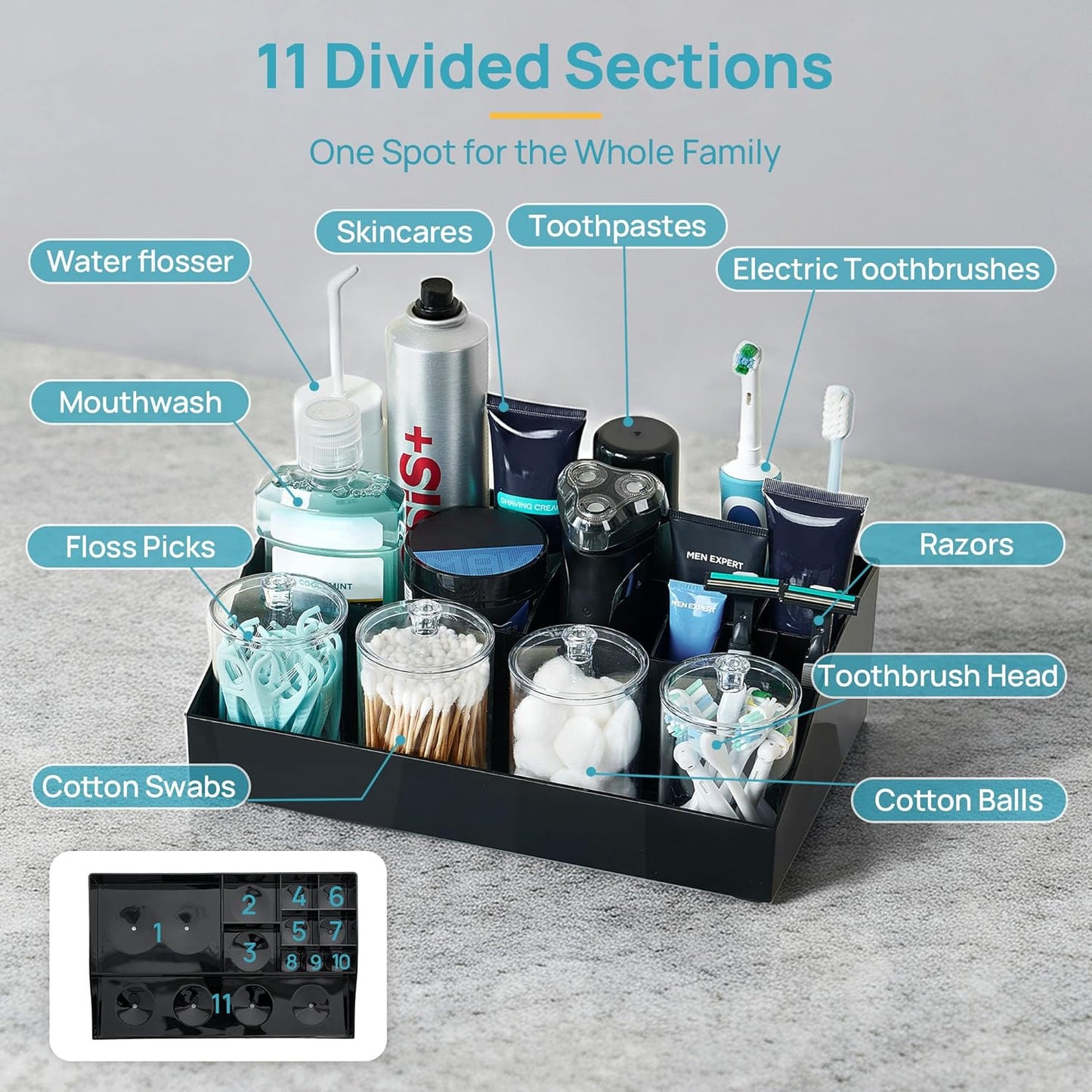 Vtopmart 6 PCS Bathroom Countertop Organizer, 1 Divided Tray with 4 Qtip Holder Jars and 1 Drawers, Restroom Clear Organizers for Toothbrush, Cotton Pads, Vanity Accessories Storage Set