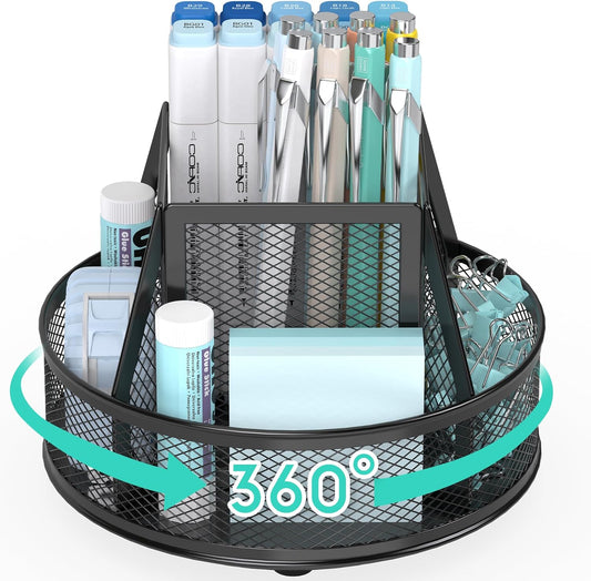YINGHUA Metal Mesh Desk Organizer with 5 Compartments and Rotating Pencil Holder Pen and Stationery Organizer for Office Home School Anti Slip Base Blue