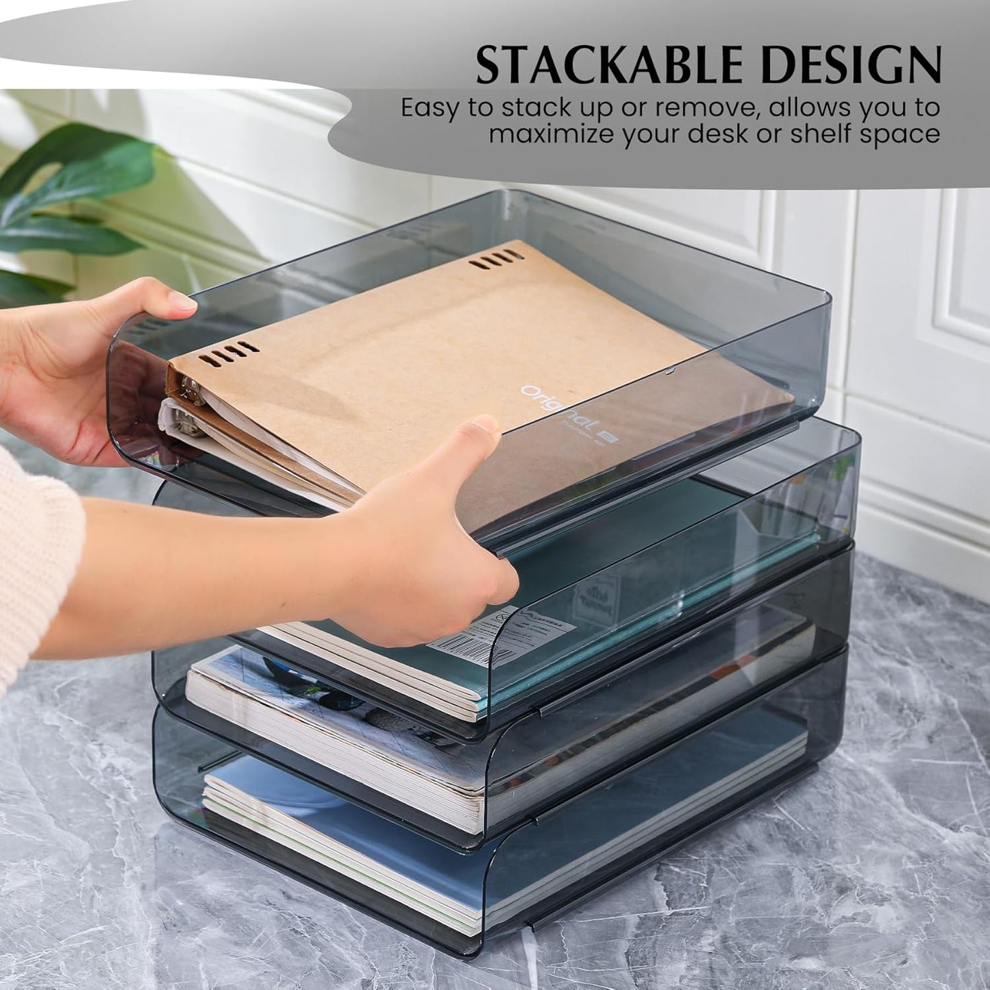 CiWiVOKi 2 Pack Stackable Paper Tray Organizer, Clear File Organizer for Desk, Office Organizer and Storage for Desk Accessories, Notes, Books, File Paper, Document, Black