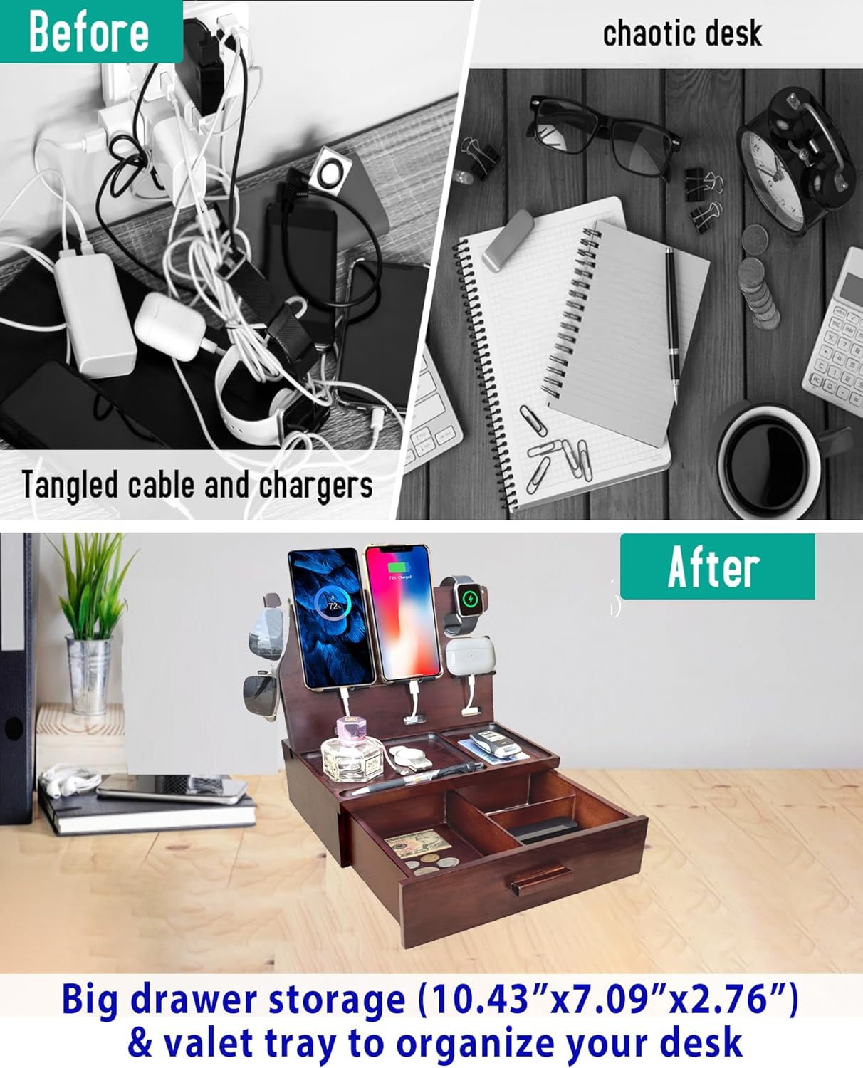 Nightstand Organizer with Drawer Built in 4 USB Charger, Wood Phone Docking Station with Dual Phone Charging Station for Apple Android Phones Anniversary Birthday Gifts for Men Dad Hunsband Mom