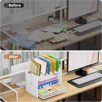 Marbrasse Desk Organizer with Drawer, 4-Tier Mesh File Organizer with 5 Vertical File Holders and 2 Pen Holders, Multifunction Desktop Organizer,Desk Organizers and Accessories for Home Office