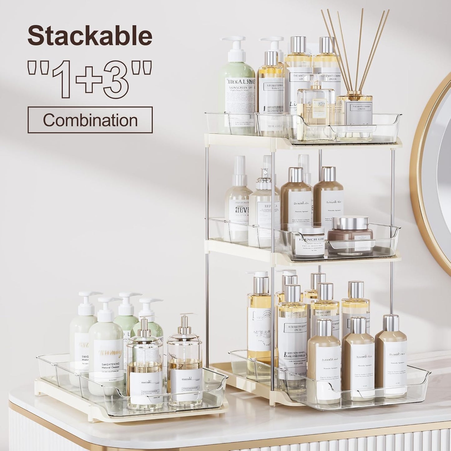 Delamu 2-Tier Multi-Purpose Bathroom Under Sink Organizers and Storage, Stackable Kitchen Pantry Organization, Pull Out Medicine Cabinet Organizer with Movable Dividers, White, 2 Pack