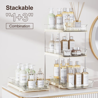 Delamu 2-Tier Multi-Purpose Bathroom Under Sink Organizers and Storage, Stackable Kitchen Pantry Organization, Pull Out Medicine Cabinet Organizer with Movable Dividers, White, 2 Pack