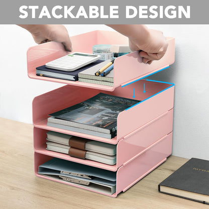 Tiawudi Desk Organizer, Clear Office Organization and Storage, Plastic Letter Tray, Stackable File Organizer for Classroom, Home, Documents, Notes, Folders, Books and Pens, 4 Tier