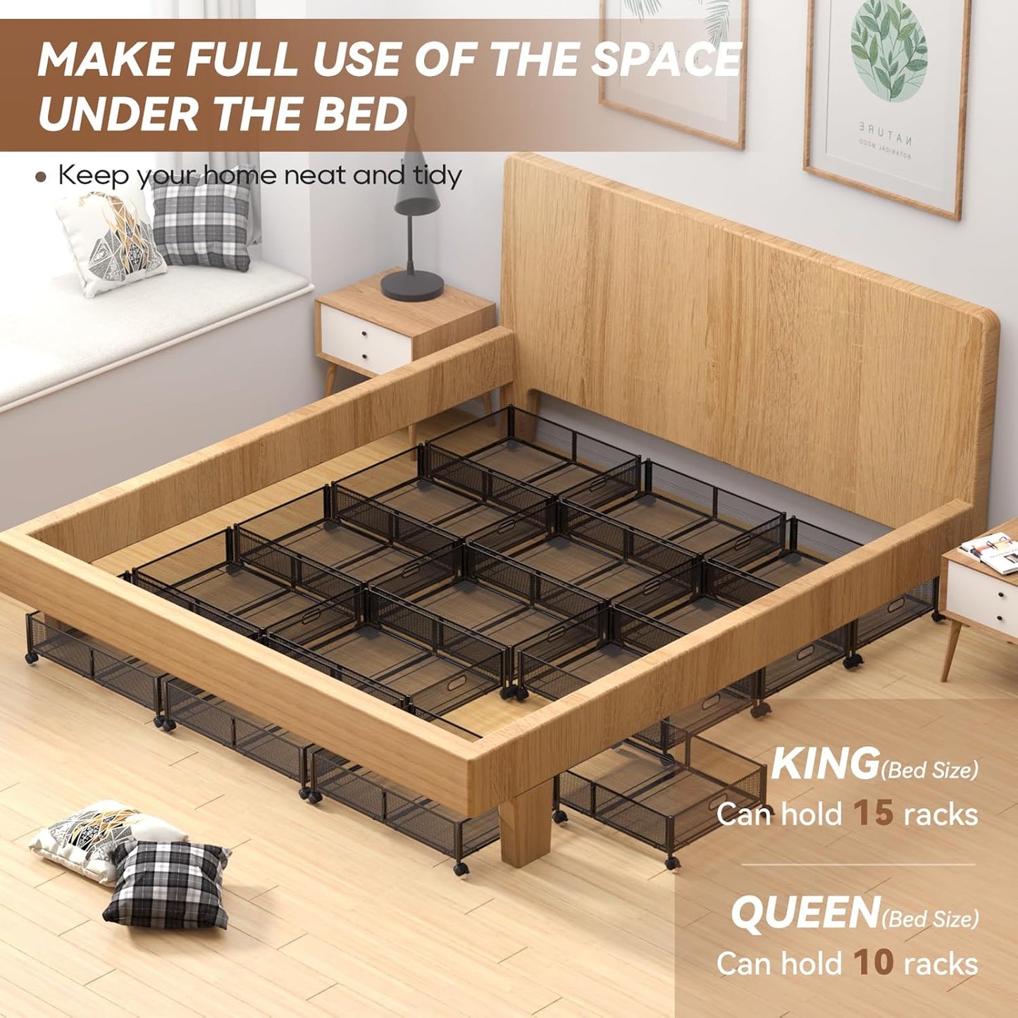 PHINOX Under Bed Storage Containers with Wheels, Under Bed Shoe Storage Organizer Drawer, Tool-free Assembly Metal Storage Containers for Bedroom Clothes Shoes Blankets -2PCK