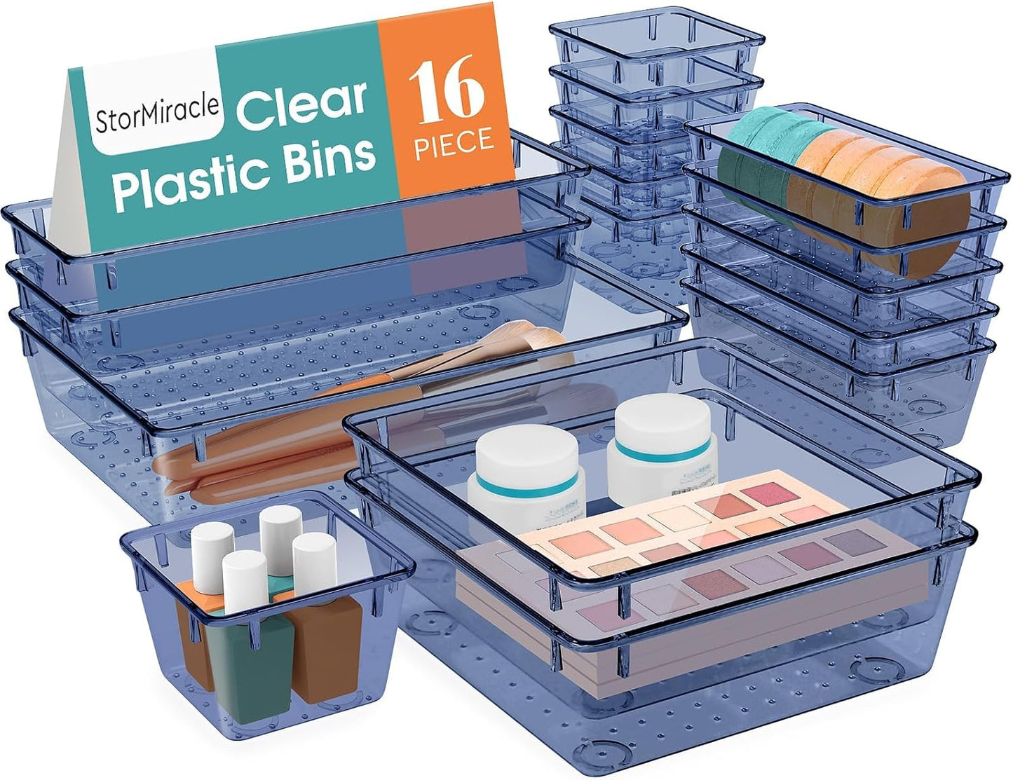 StorMiracle 16 PCS Drawer Organizer Set, 5 Varied Size Bathroom and kitchen Drawer cabinet organizer Trays, Clear Storage Bins for Makeup, Jewelry, Utensils and Gadgets