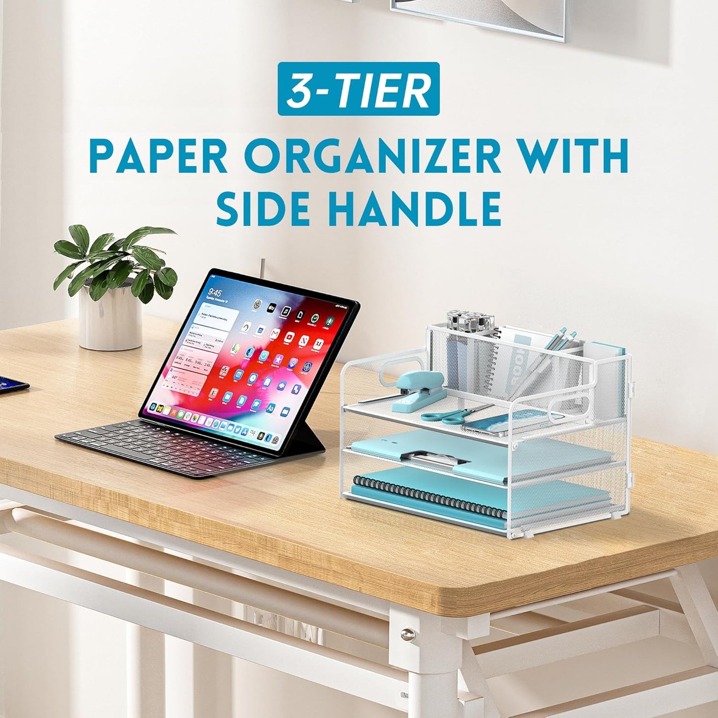 3 Tier Desk File Organizer with Pen Holder, Mesh Paper Tray File Organizer for Desk, Fold Holder with Handle for Office, Classroom, Home, Workspace(Black)