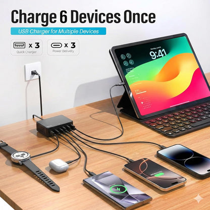 TT&C 100W USB-C Charging Station, 6-Port GaN III Desktop Hub (30W Max Per Port), Compatible with iPhone 17, 16, 15, iPad, MacBook Air & Samsung Galaxy - Black