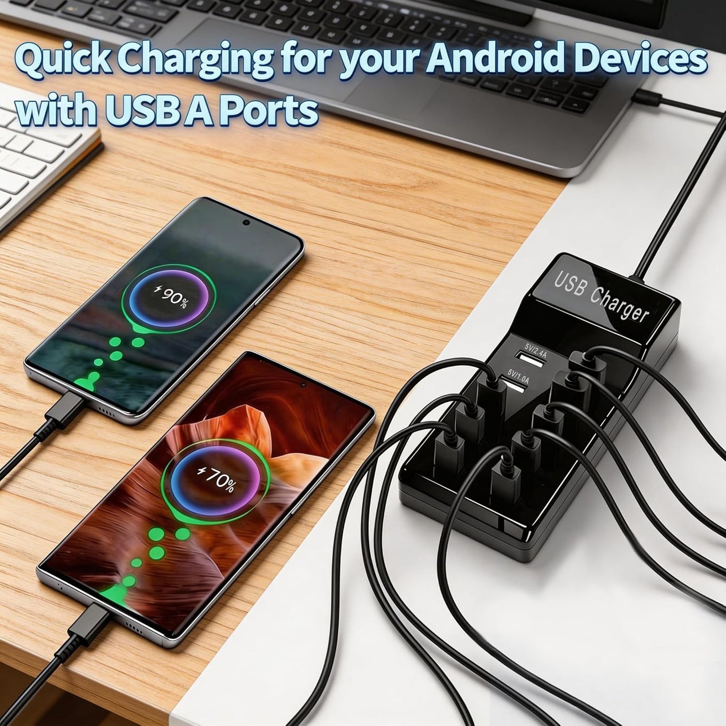 10-Port USB Wall Charger Station with Cables,50W 10A USB C Power Hub for Multiple Device,Phone Charger Block for Samsung Galaxy S25 S24+ S23+ Ultra,Google Pixel,iPhone,Tablet,EarbudsSmartwatch(Black)