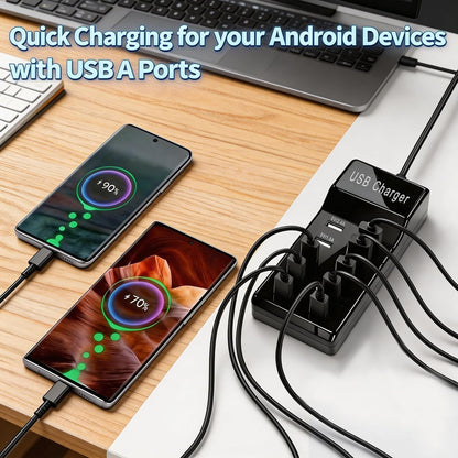 10-Port USB Wall Charger Station with Cables,50W 10A USB C Power Hub for Multiple Device,Phone Charger Block for Samsung Galaxy S25 S24+ S23+ Ultra,Google Pixel,iPhone,Tablet,EarbudsSmartwatch(Black)