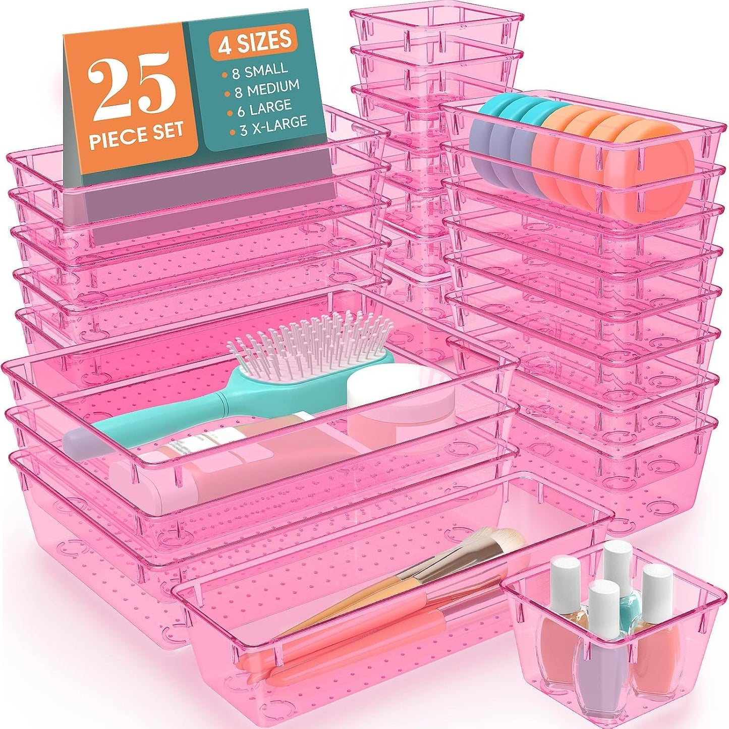 SpaceHacks 25 PCS Plastic Drawer Organizer Set, 4-Size Versatile Organizer Tool Trays & storage Bins for Makeup, Jewelry, and Gadgets in Bathroom, Bedroom and Office,Clear Black