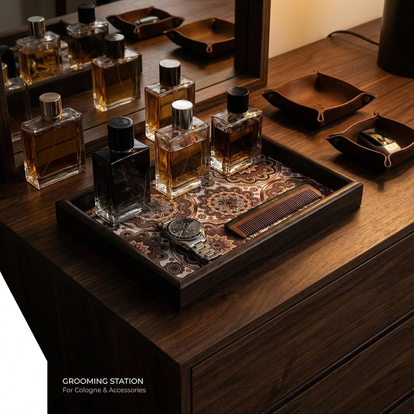 Zosenley Wooden Valet Tray with Leather Base - Nightstand Catchall Organizer for Cologne, Perfume, Keys, Wallet, Phone, Watch, Jewelry & Sunglasses (Black)