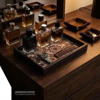 Zosenley Wooden Valet Tray with Leather Base - Nightstand Catchall Organizer for Cologne, Perfume, Keys, Wallet, Phone, Watch, Jewelry & Sunglasses (Black)