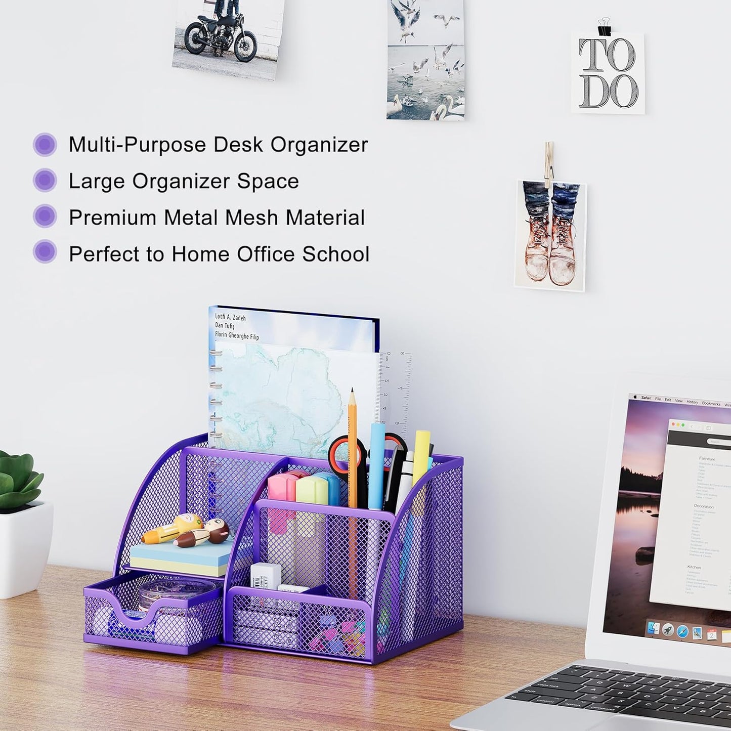EasyPAG Mesh Desk Organizer with Drawer Multi-functional Pen Holder Stationery Organizer for Office School Supplies 6 Compartments Dorm Organizers and Storage for Desk, Black