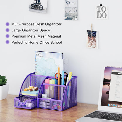 EasyPAG Mesh Desk Organizer with Drawer Multi-functional Pen Holder Stationery Organizer for Office School Supplies 6 Compartments Dorm Organizers and Storage for Desk, Black